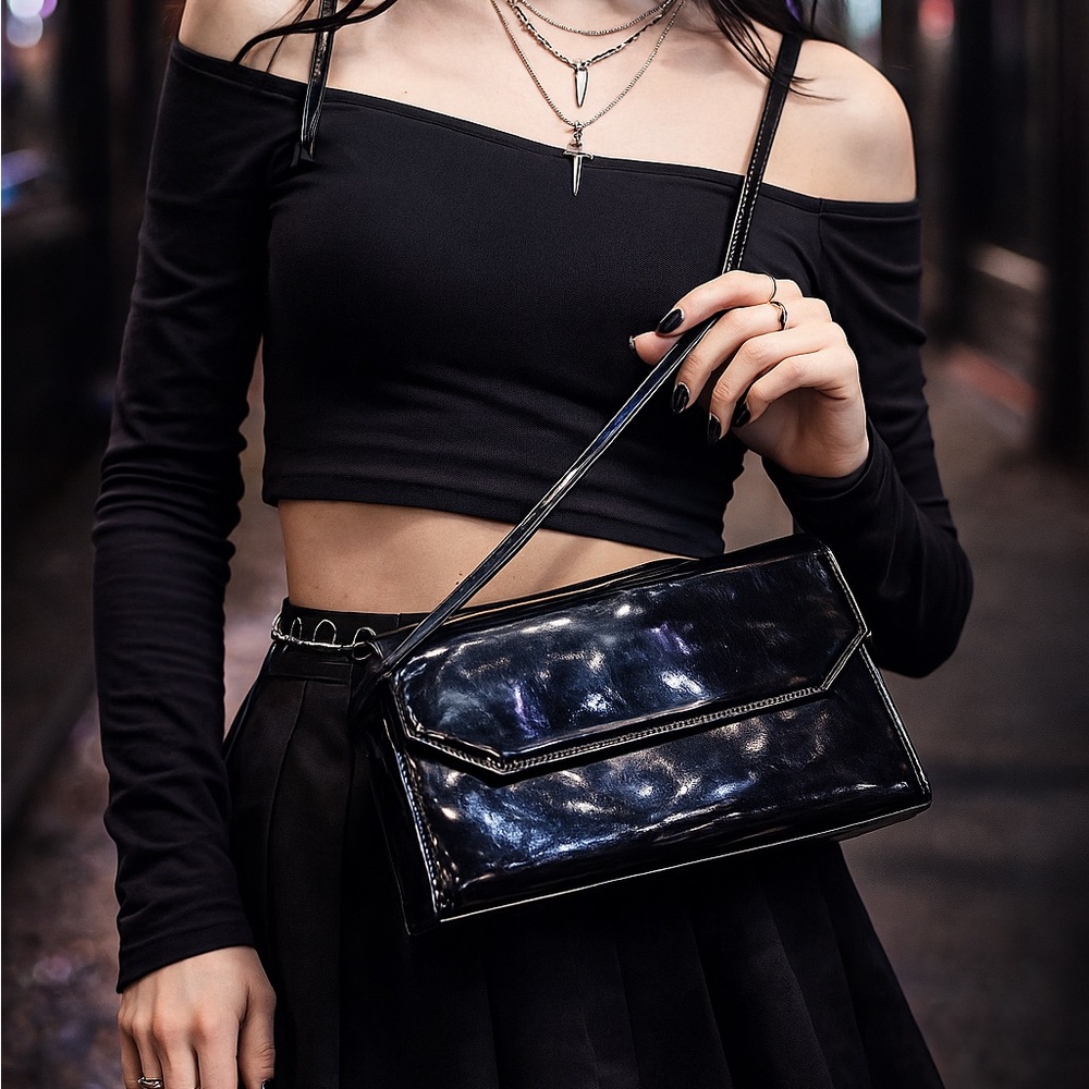 Vintage Black Patent Shoulder Bag | Structured Glossy Purse